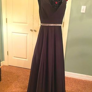 Black Satin Formal Gown with Rhinestone Waistband